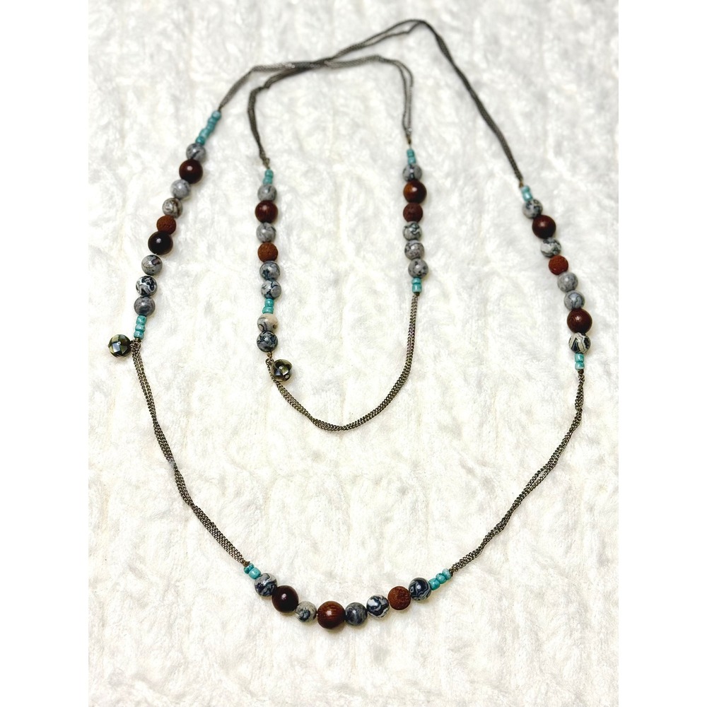 Vintage 22 inch Boho Layered Beaded Necklace Long Statement Chain Earthy Tones